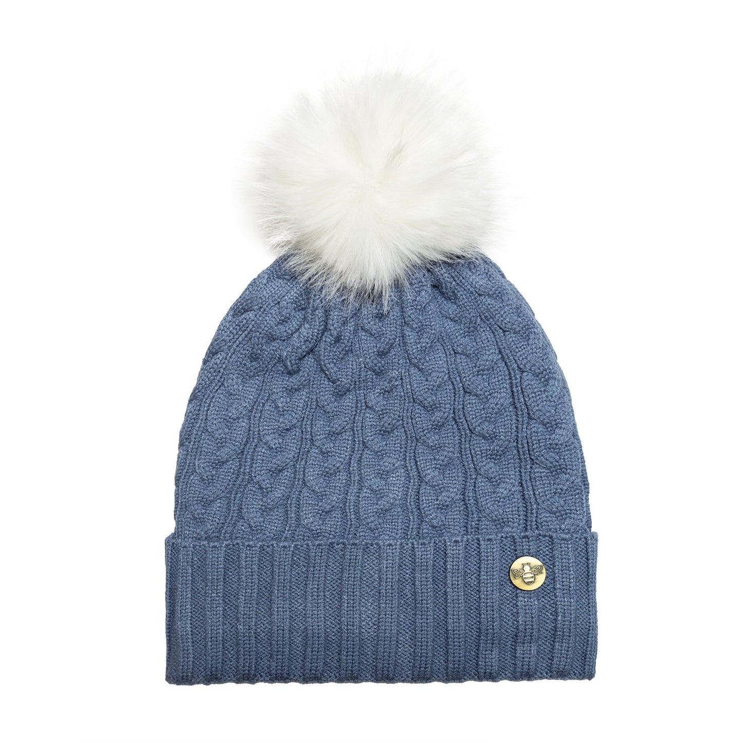 House of Celtic Bee Cable Pom Pom Hat Denim Blue / White