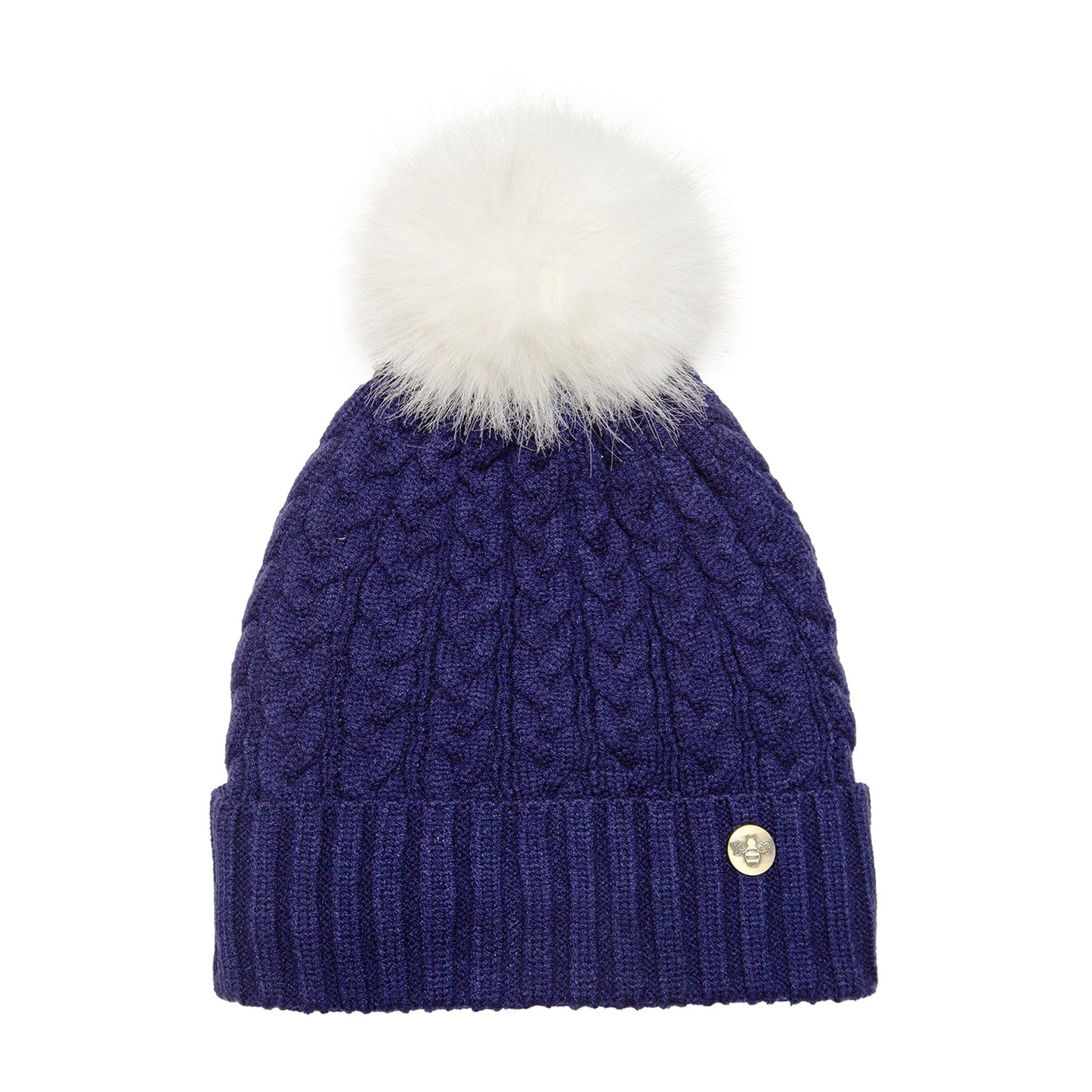 House of Celtic Bee Cable Pom Pom Hat Navy / White