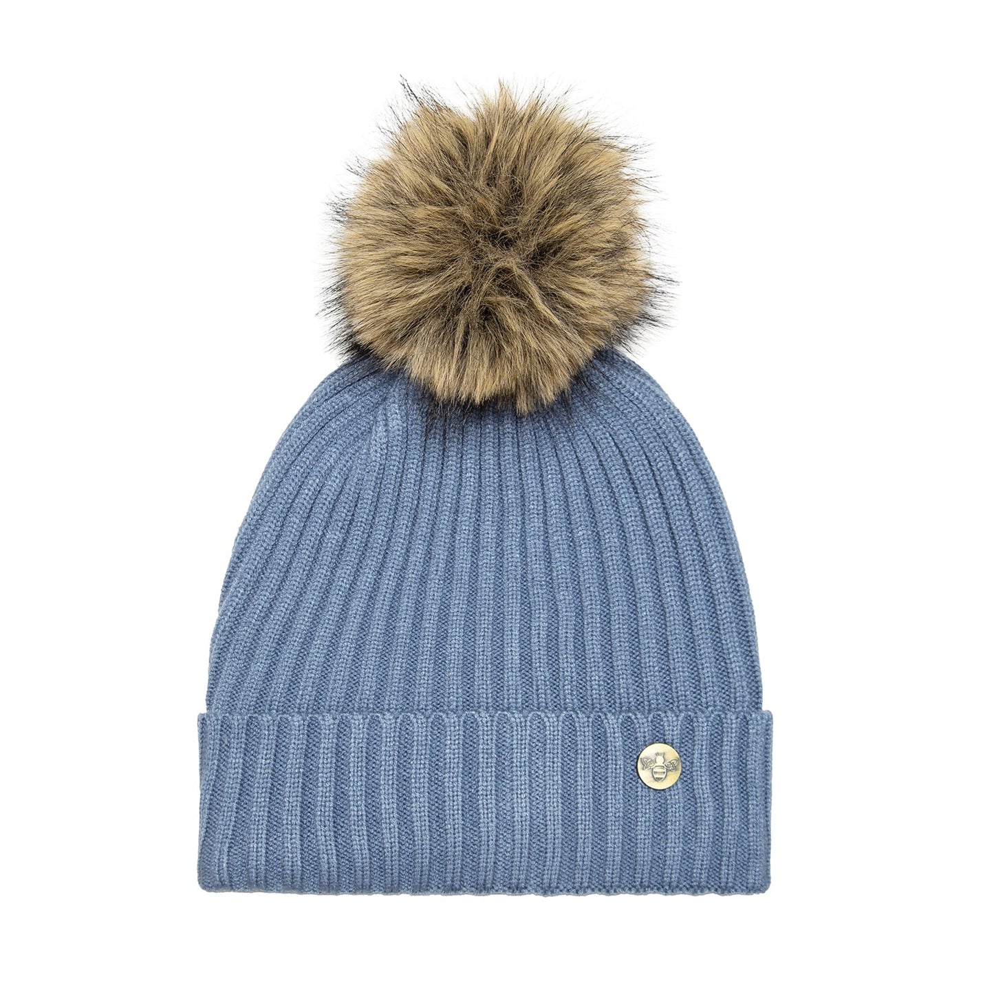 House of Celtic Bee Ribbed Pom Pom Hat Denim Blue / Brown