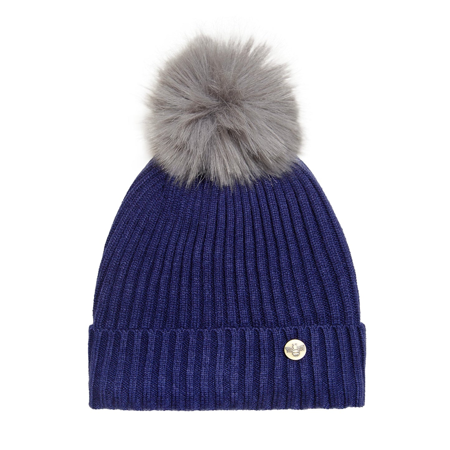House of Celtic Bee Ribbed Pom Pom Hat Navy / Grey