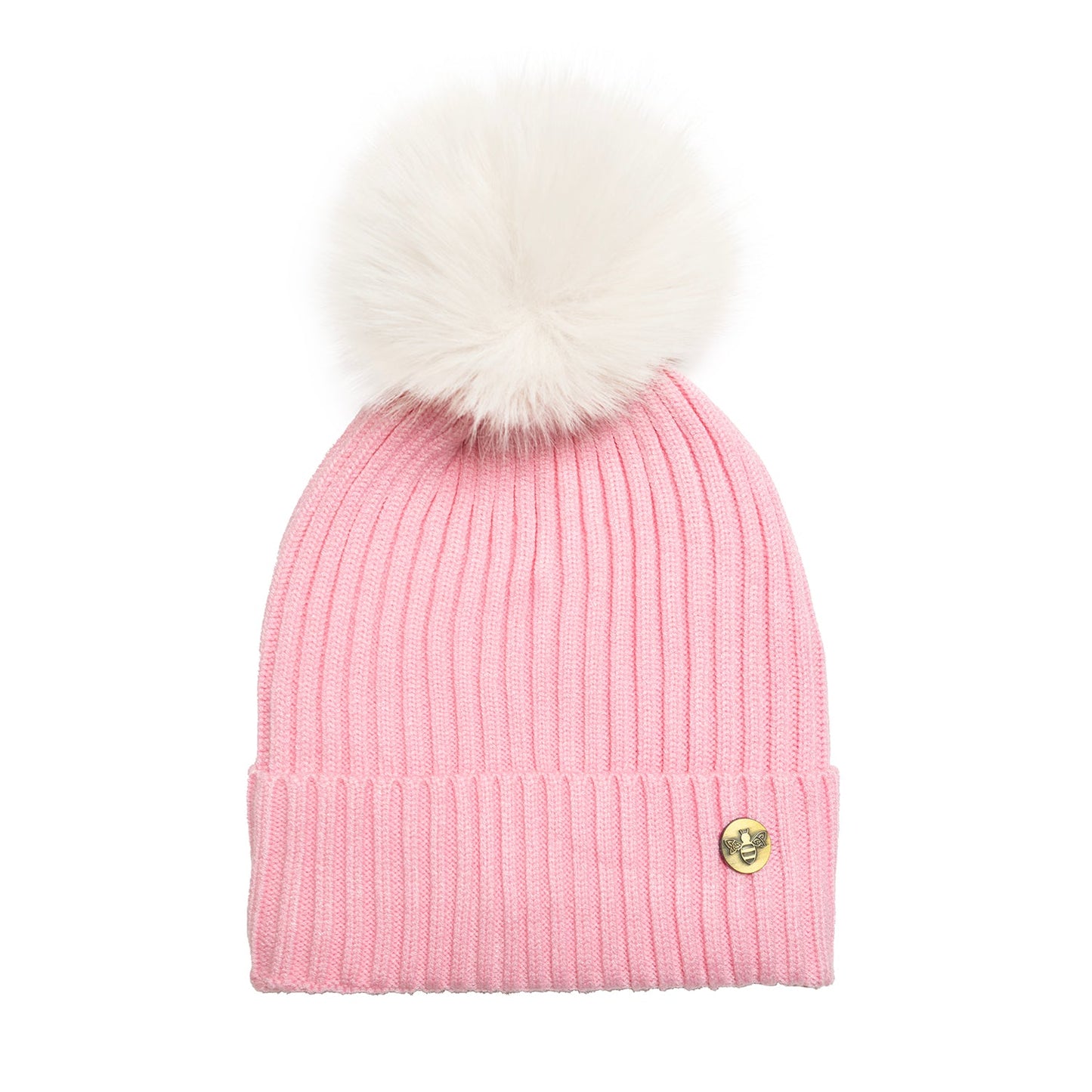 House of Celtic Bee Ribbed Pom Pom Hat Baby Pink / White
