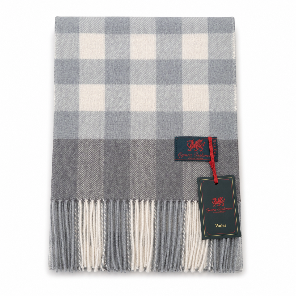 Cymru Cashmere Scarf Giant Chequer Light Grey