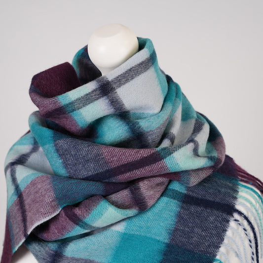 Welsh Woollens 100% Lambswool Scarf Myriad Check - Aqua/Navy/Bordeaux