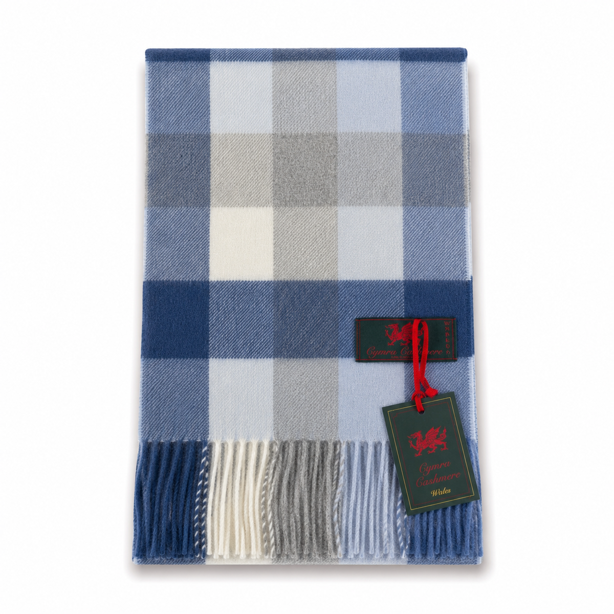 Cymru Cashmere Scarf 5 Square Tartan Blue