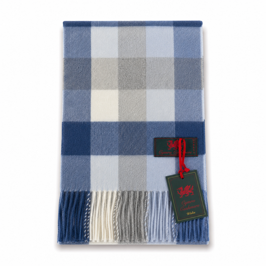 Cymru Cashmere Scarf 5 Square Tartan Blue