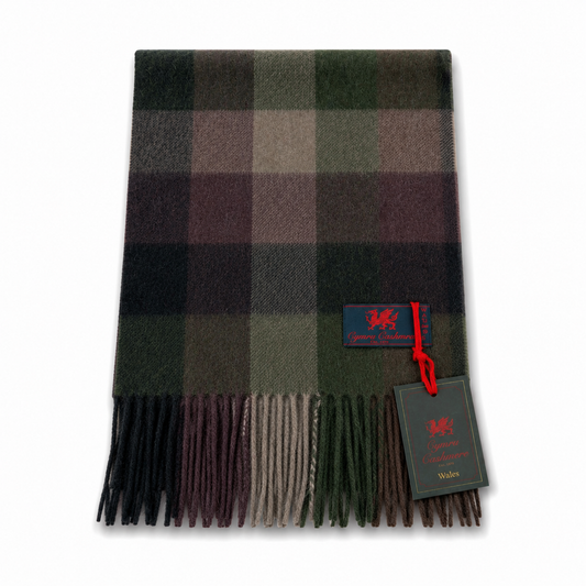 Cymru Cashmere Scarf 5 Square Tartan Plum