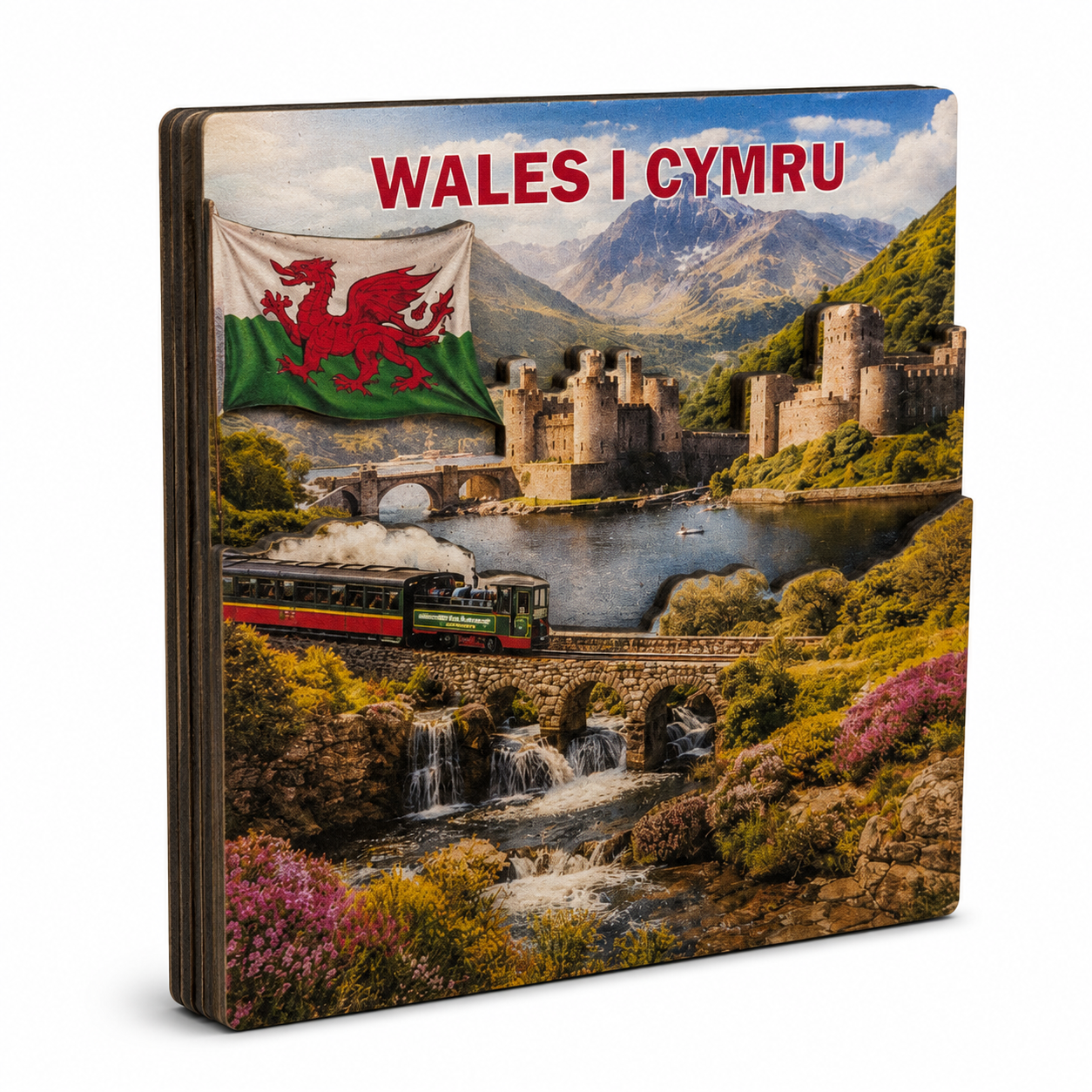 Wales Train & Castles Square MDF Magnet