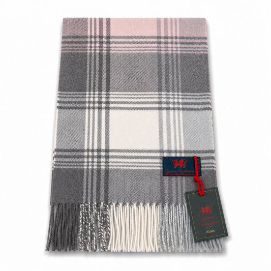 Cymru Cashmere Scarf Broken Check Grey/Pink