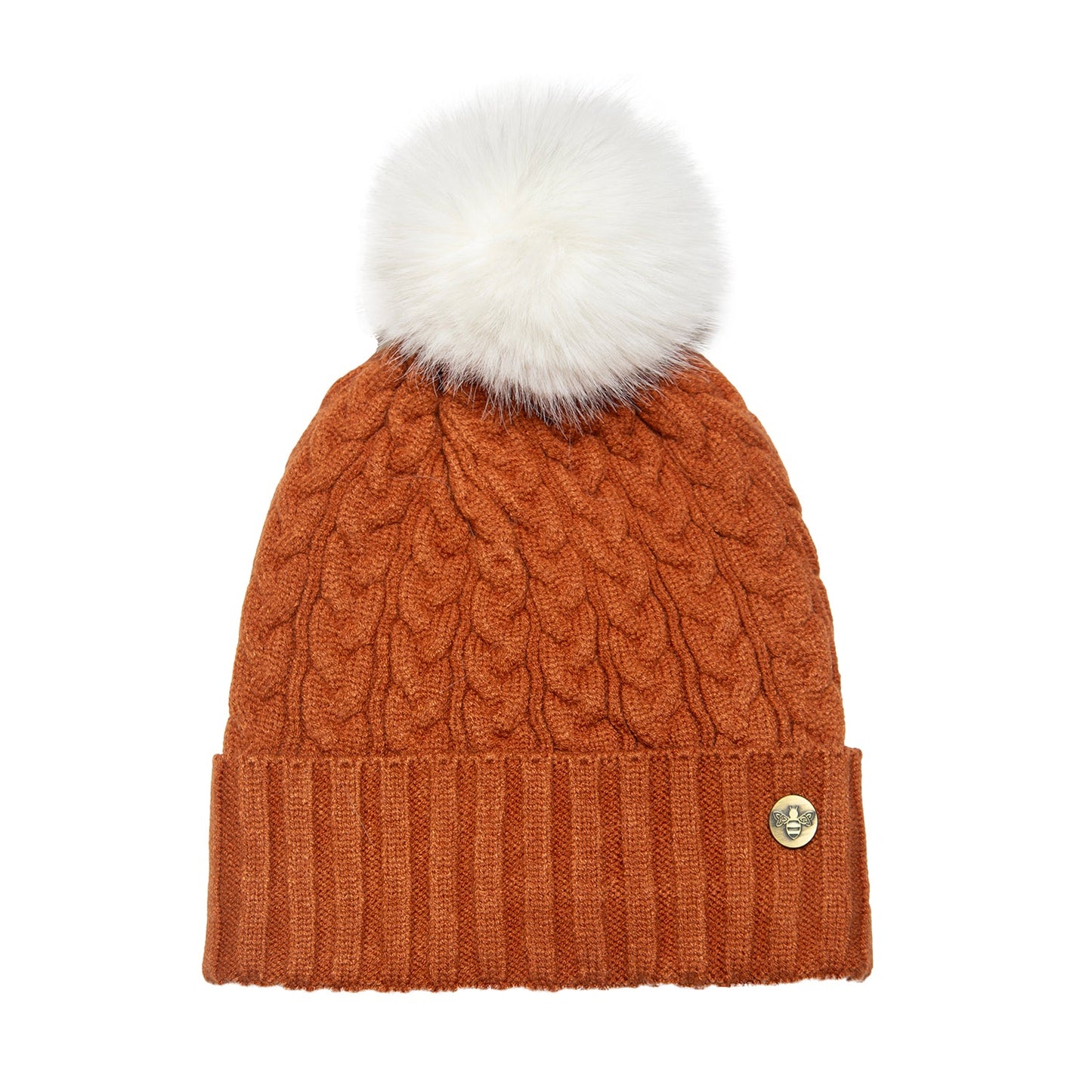 House of Celtic Bee Cable Pom Pom Hat Mocha / White