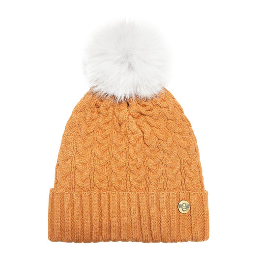 House of Celtic Bee Cable Pom Pom Hat Cappuccino / White