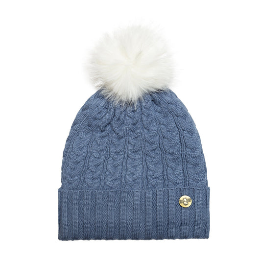 House of Celtic Bee Cable Pom Pom Hat Denim Blue / White