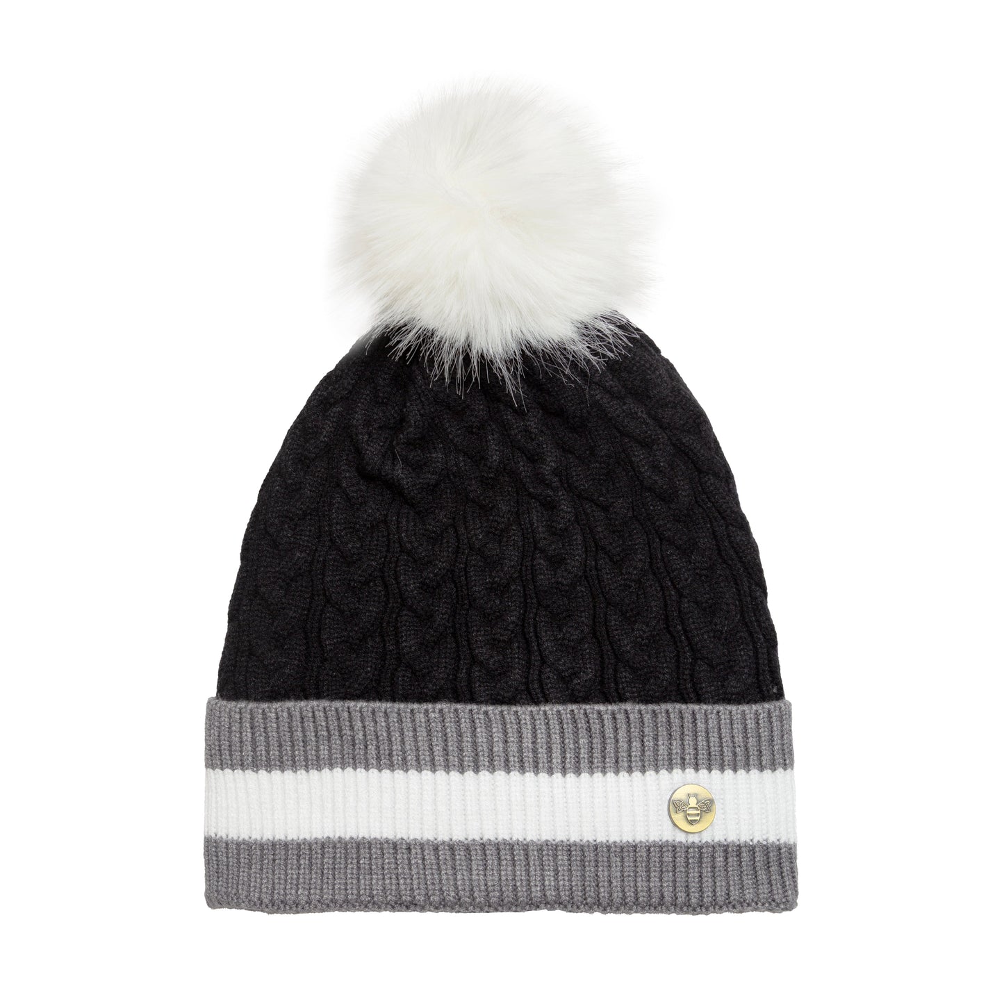 House of Celtic Bee Cable Pom Pom Hat Banded BG / White
