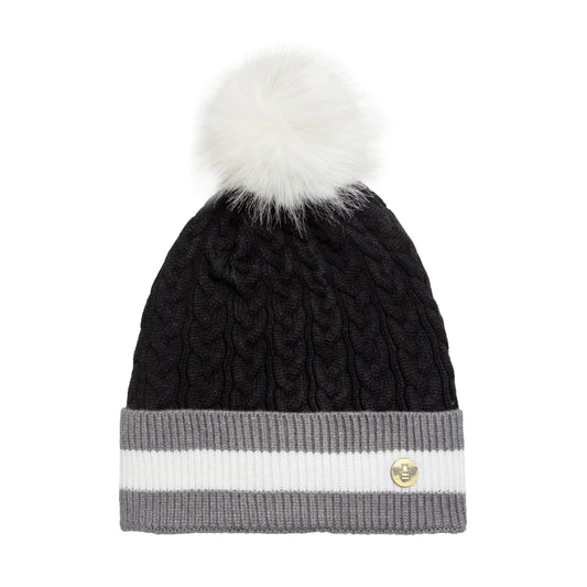 House of Celtic Bee Cable Pom Pom Hat Banded BG / White