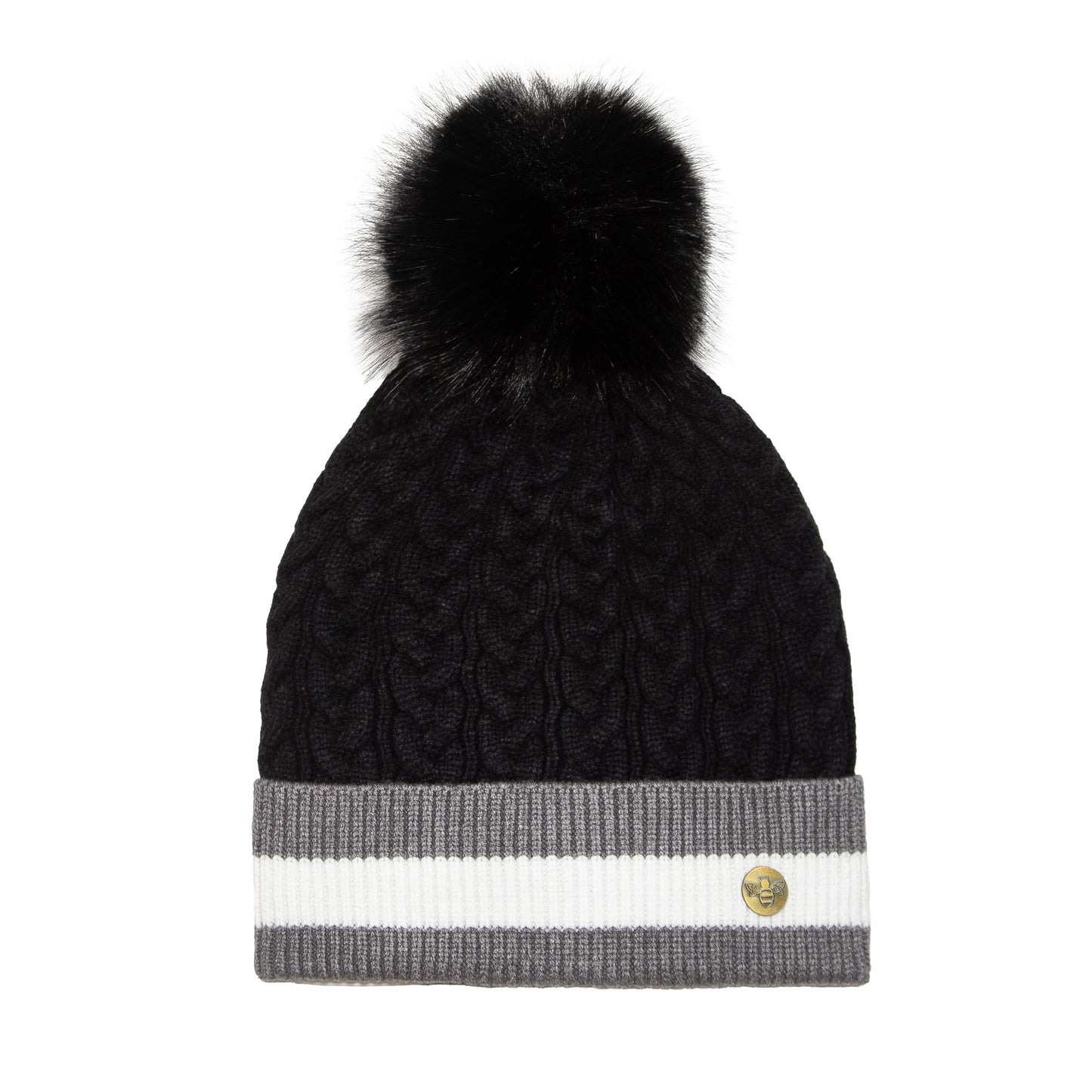 House of Celtic Bee Cable Pom Pom Hat Banded BG / Black