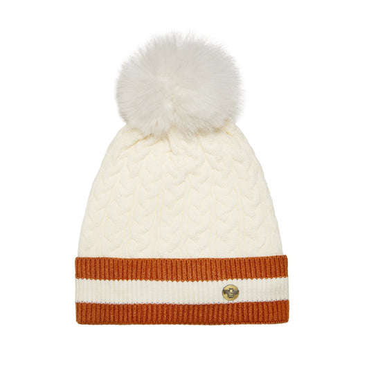 House of Celtic Bee Cable Pom Pom Hat Banded W / White