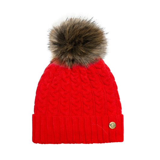 House of Celtic Bee Cable Pom Pom Hat Ferrari Red / Brown