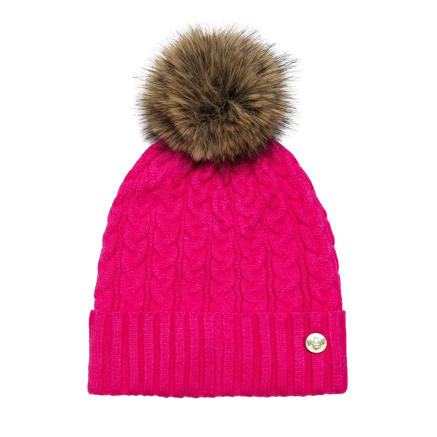 House of Celtic Bee Cable Pom Pom Hat Fuchsia / Brown