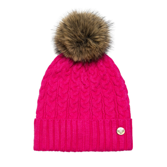 House of Celtic Bee Cable Pom Pom Hat Fuchsia / Brown