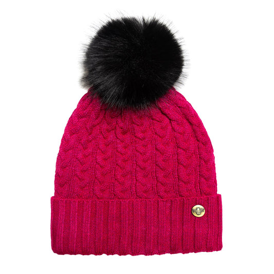 House of Celtic Bee Cable Pom Pom Hat Raspberry / Black