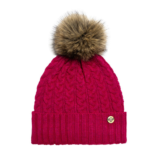 House of Celtic Bee Cable Pom Pom Hat Raspberry / Brown