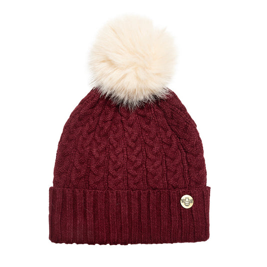 House of Celtic Bee Cable Pom Pom Hat Wine / Beige