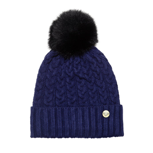House of Celtic Bee Cable Pom Pom Hat Navy / Black
