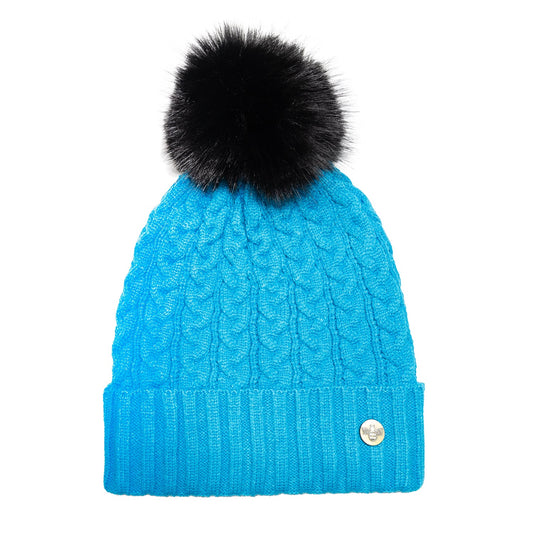 House of Celtic Bee Cable Pom Pom Hat Turquoise / Black