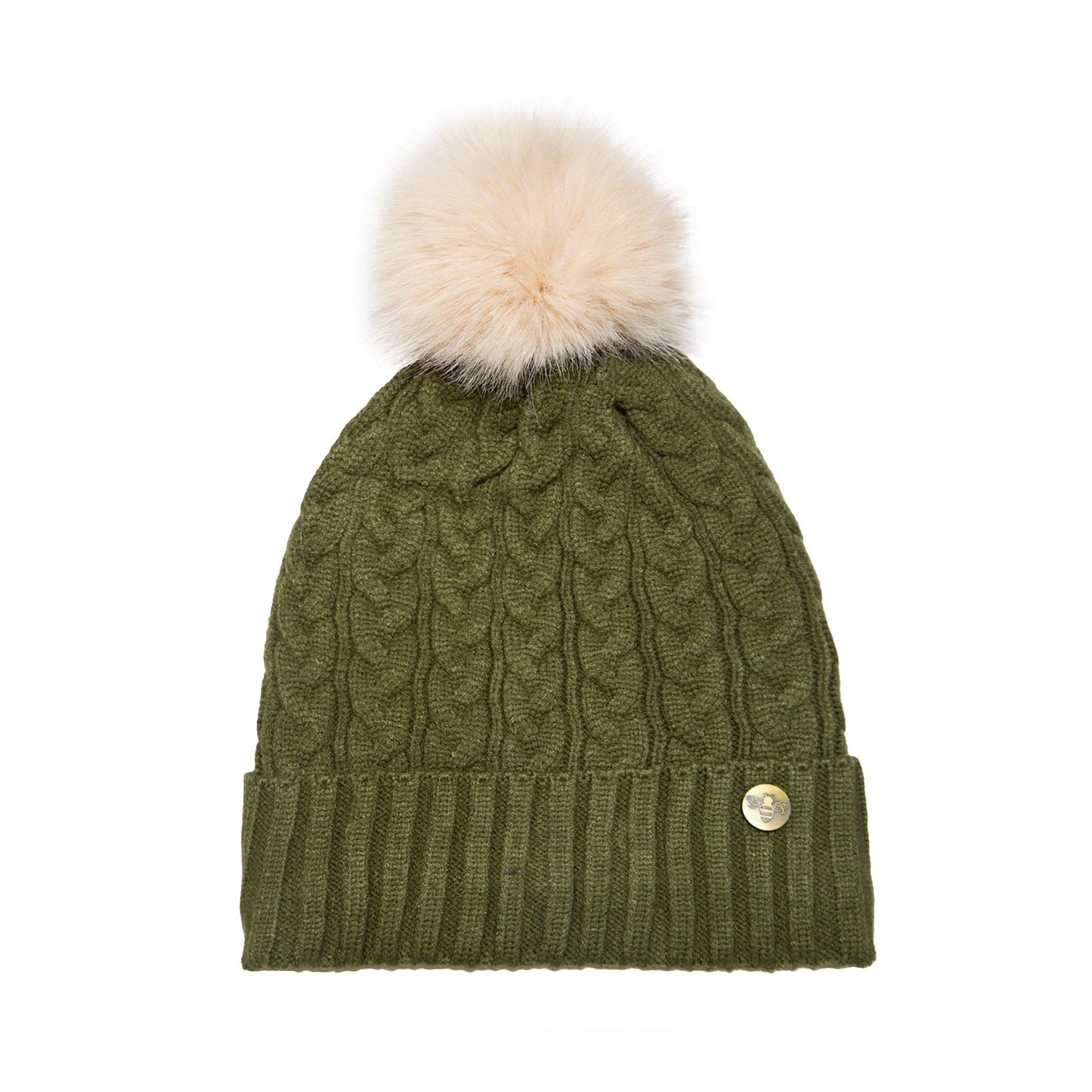 House of Celtic Bee Cable Pom Pom Hat Olive / Beige