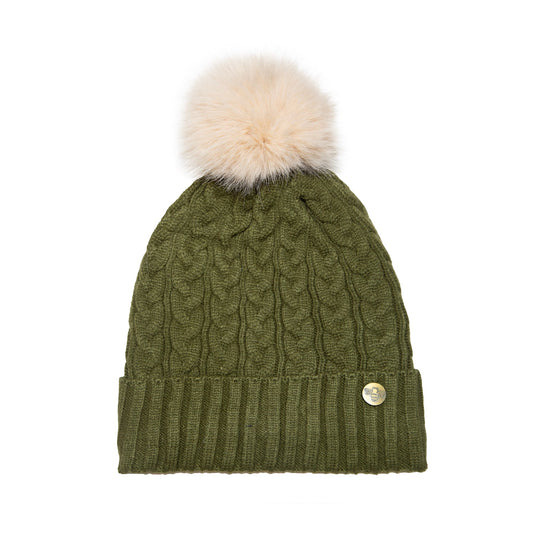 House of Celtic Bee Cable Pom Pom Hat Olive / Beige