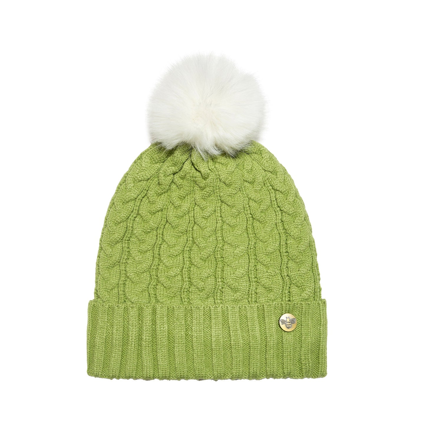 House of Celtic Bee Cable Pom Pom Hat Matcha / White