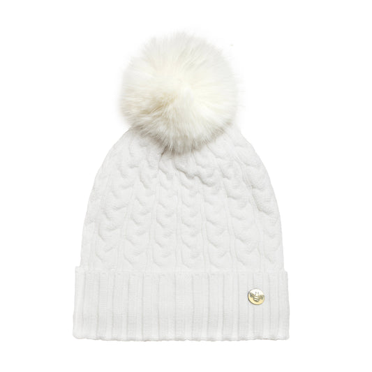 House of Celtic Bee Cable Pom Pom Hat White / White