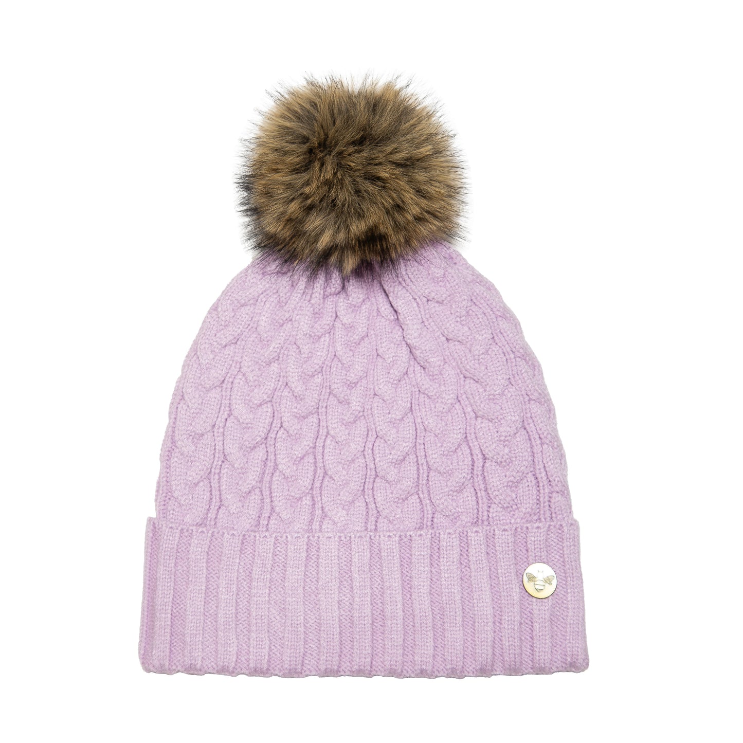 House of Celtic Bee Cable Pom Pom Hat Lilac / Brown
