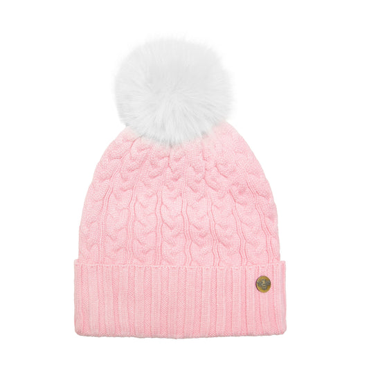 House of Celtic Bee Cable Pom Pom Hat Baby Pink / White