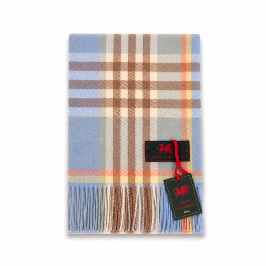 Cymru Cashmere Scarf Chequer Tartan Aqua