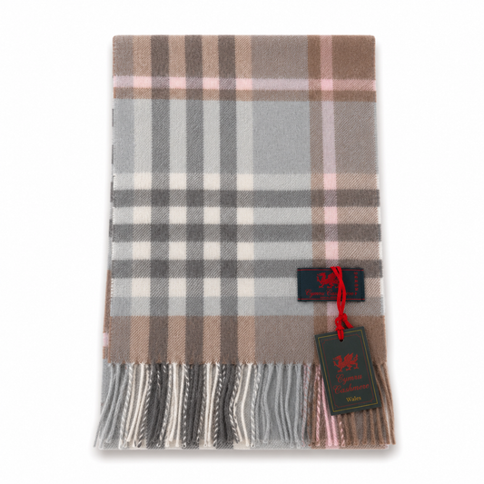 Cymru Cashmere Scarf Chequer Tartan Duck Egg
