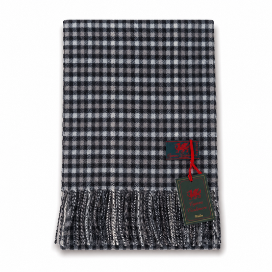 Cymru Cashmere Scarf Gingham Tartan Black/Grey
