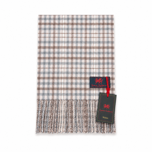 Cymru Cashmere Scarf Gingham Tartan Grey/White