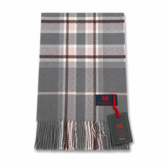 Cymru Cashmere Scarf Marchbrae Tartan Grey