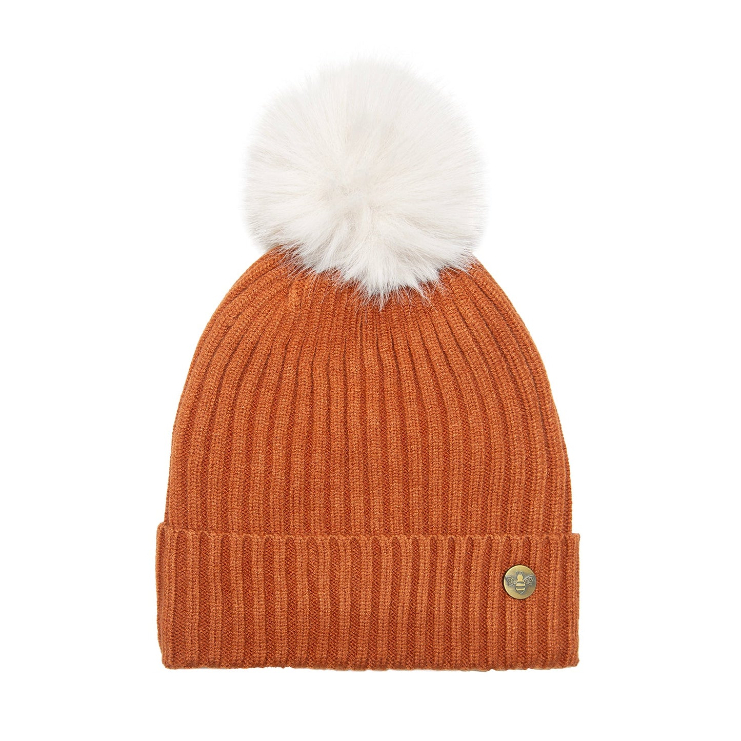 House of Celtic Bee Ribbed Pom Pom Hat Mocha / White