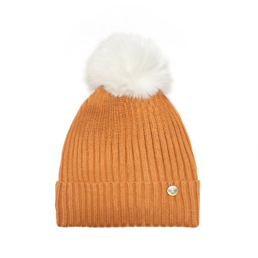 House of Celtic Bee Ribbed Pom Pom Hat Cappuccino / White