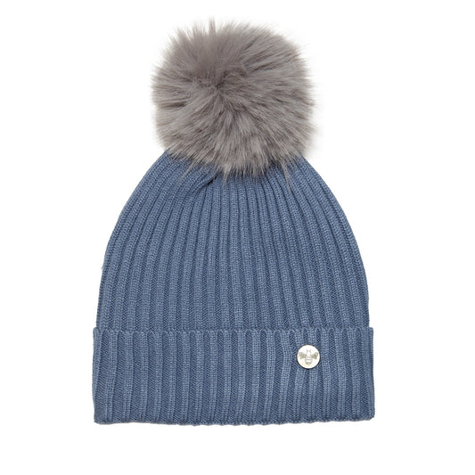 House of Celtic Bee Ribbed Pom Pom Hat Denim Blue / Grey