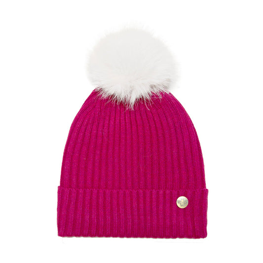 House of Celtic Bee Ribbed Pom Pom Hat Fuchsia / White