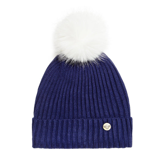 House of Celtic Bee Ribbed Pom Pom Hat Navy / White