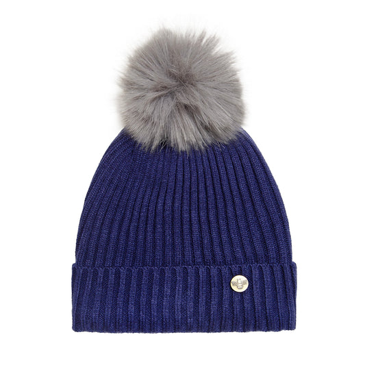 House of Celtic Bee Ribbed Pom Pom Hat Navy / Grey