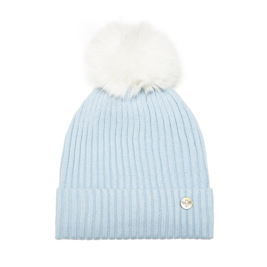House of Celtic Bee Ribbed Pom Pom Hat Baby Blue / White