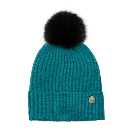 House of Celtic Bee Ribbed Pom Pom Hat Teal / Black
