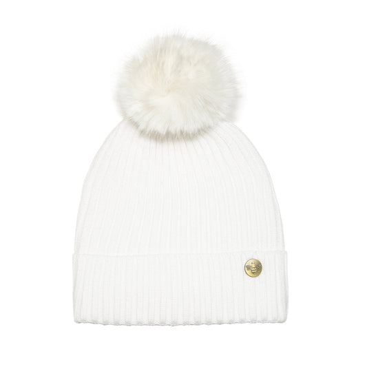 House of Celtic Bee Ribbed Pom Pom Hat White / White