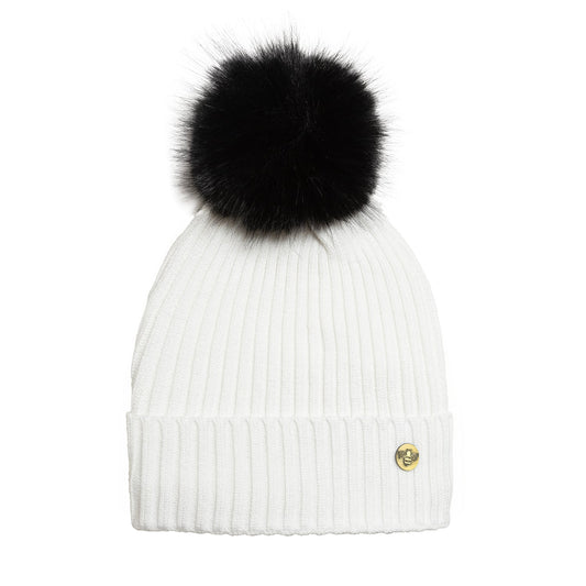 House of Celtic Bee Ribbed Pom Pom Hat White / Black