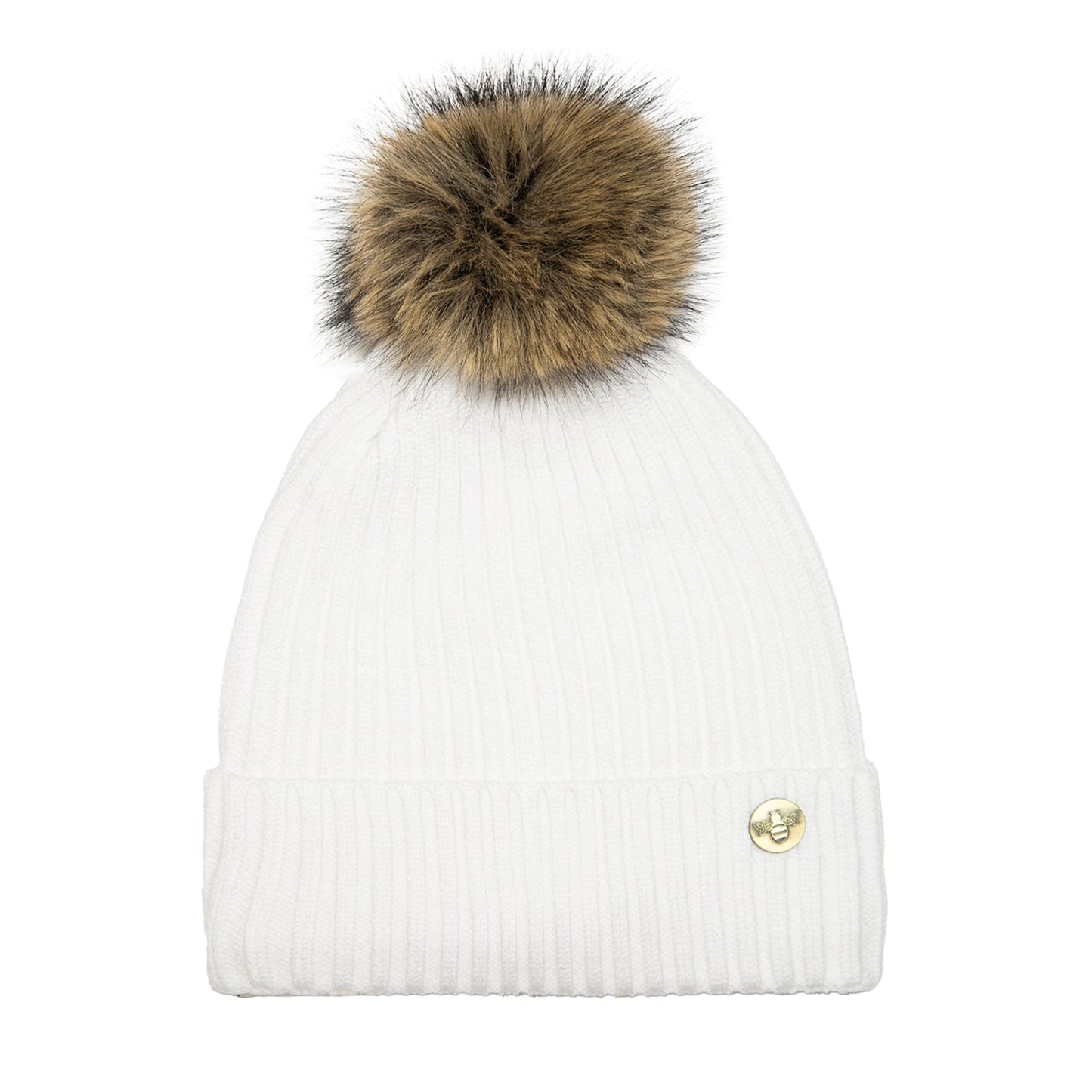 House of Celtic Bee Ribbed Pom Pom Hat White / Brown