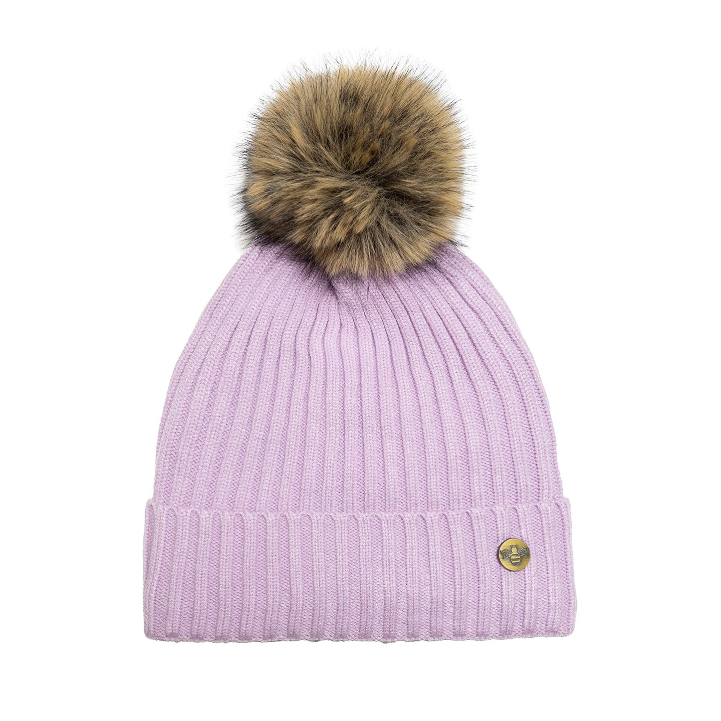 House of Celtic Bee Ribbed Pom Pom Hat Lilac / Brown